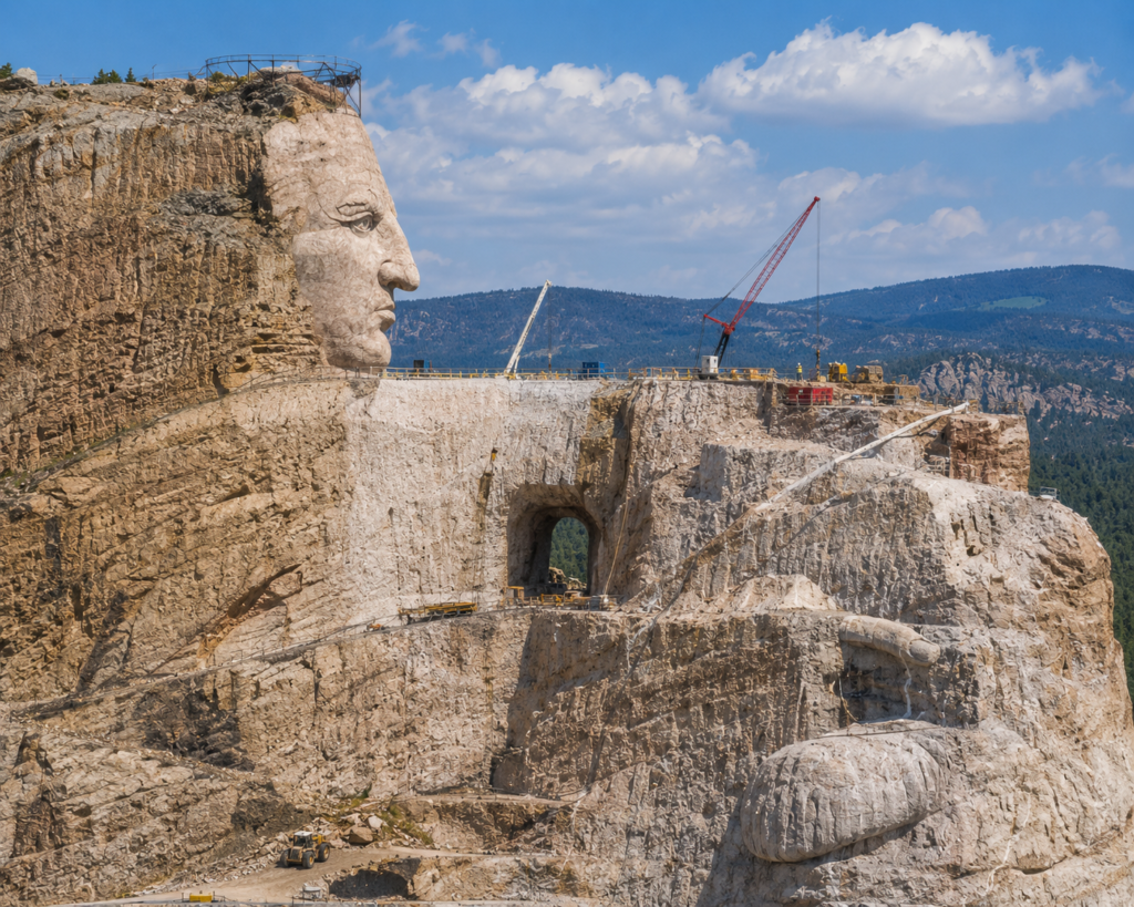 Crazy Horse Memorial face and unfinished mountain carving with construction equipment working on the granite
