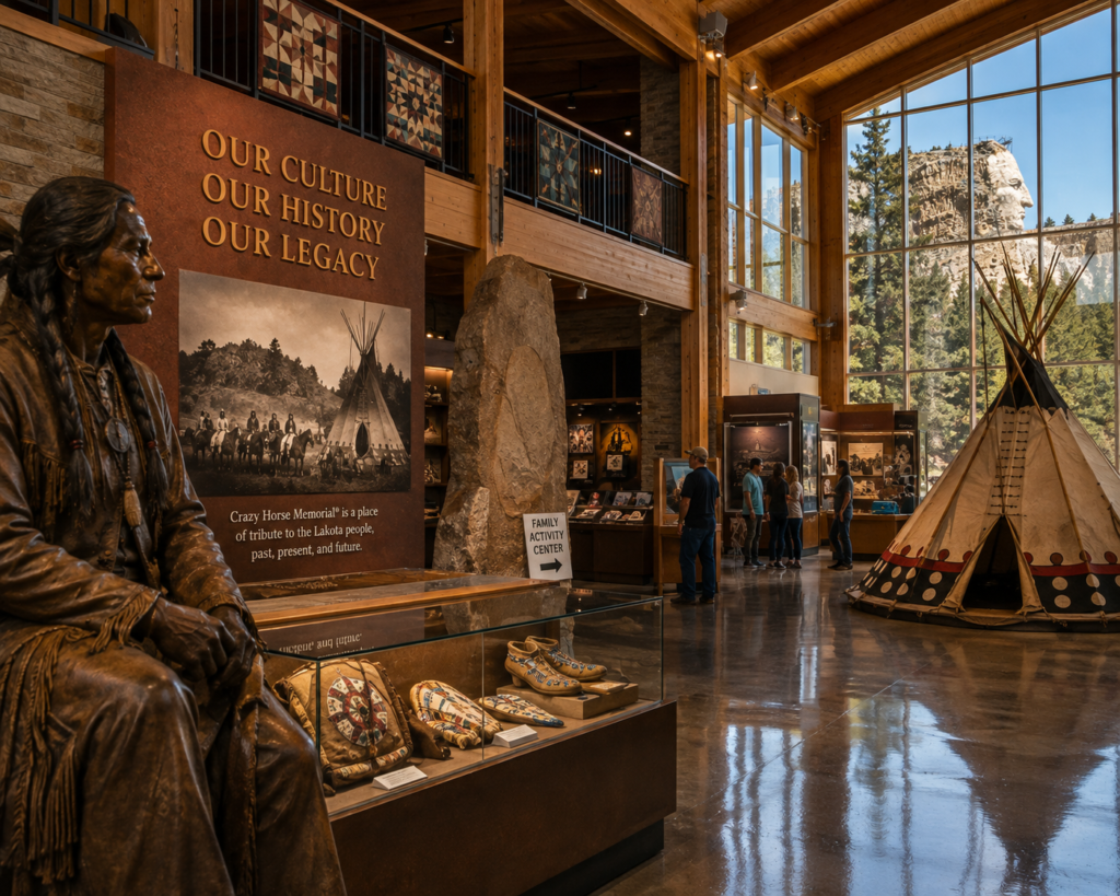 Artistic representation of a Native American museum and cultural center at Crazy Horse Memorial with exhibits and artifacts