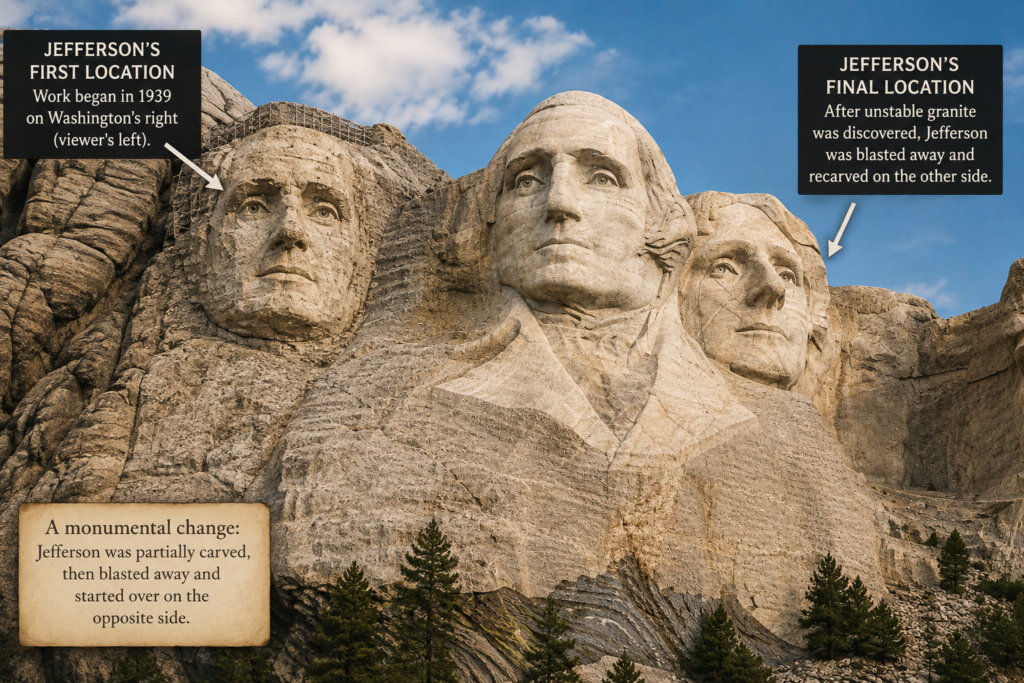 Illustration showing Thomas Jefferson’s original Mount Rushmore location before the carving was blasted away and moved to the opposite side of George Washington.