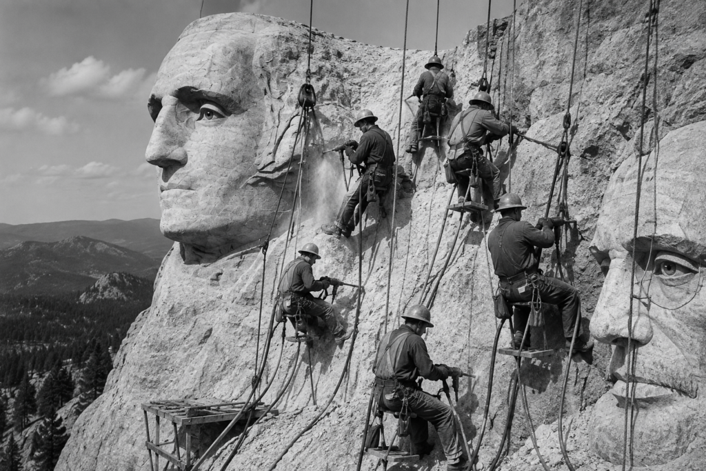 Workers suspended in bosun’s chairs from steel cables while using pneumatic drills to carve Mount Rushmore.