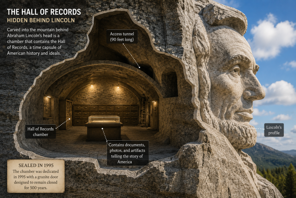Cutaway illustration showing the Hall of Records chamber hidden inside Mount Rushmore behind Abraham Lincoln’s head.