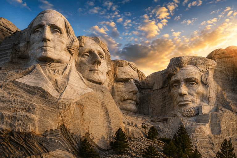 Mount Rushmore National Memorial with the four presidential faces illuminated by warm evening light.