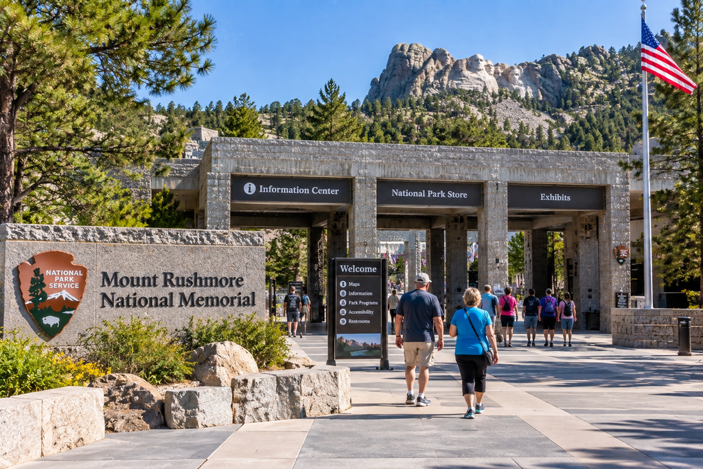 Visitors arriving at the Mount Rushmore National Memorial entrance and Information Center