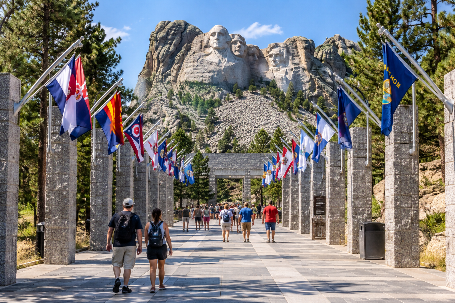 Visitors walking along the Avenue of Flags during a Mount Rushmore tour