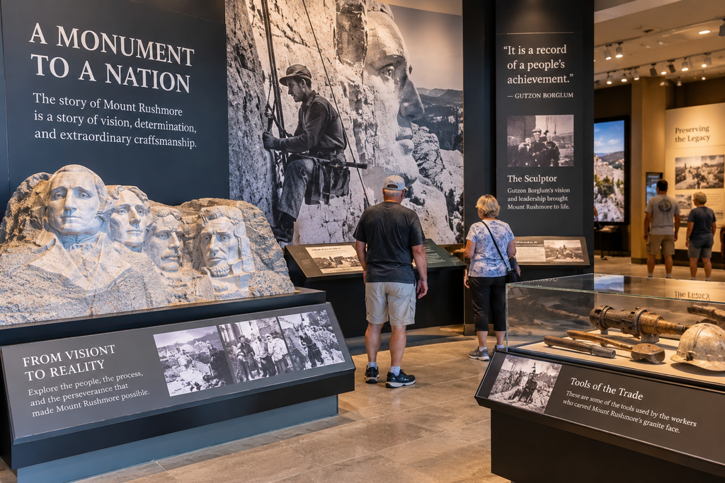 Visitors exploring Mount Rushmore history and construction exhibits inside the visitor center