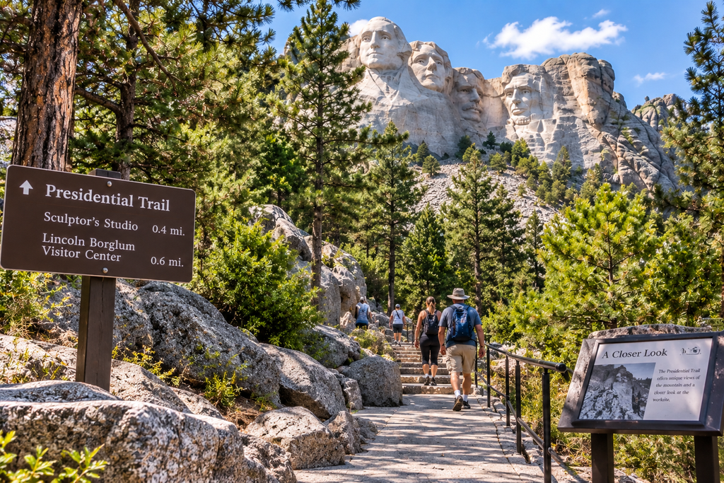 Visitors walking the Presidential Trail through the pine forest below Mount Rushmore
