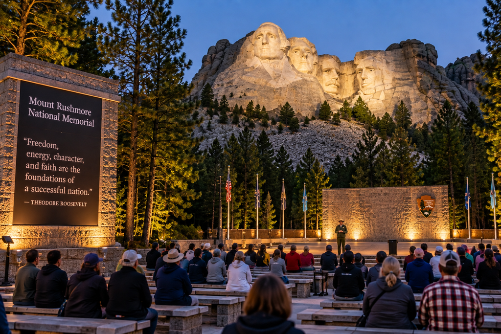 Visitors gathered for the evening lighting ceremony at Mount Rushmore