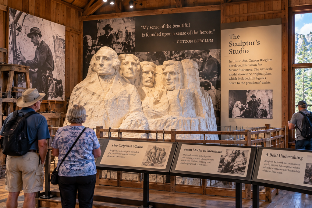 Visitors studying Gutzon Borglum’s Mount Rushmore scale model inside the Sculptor’s Studio
