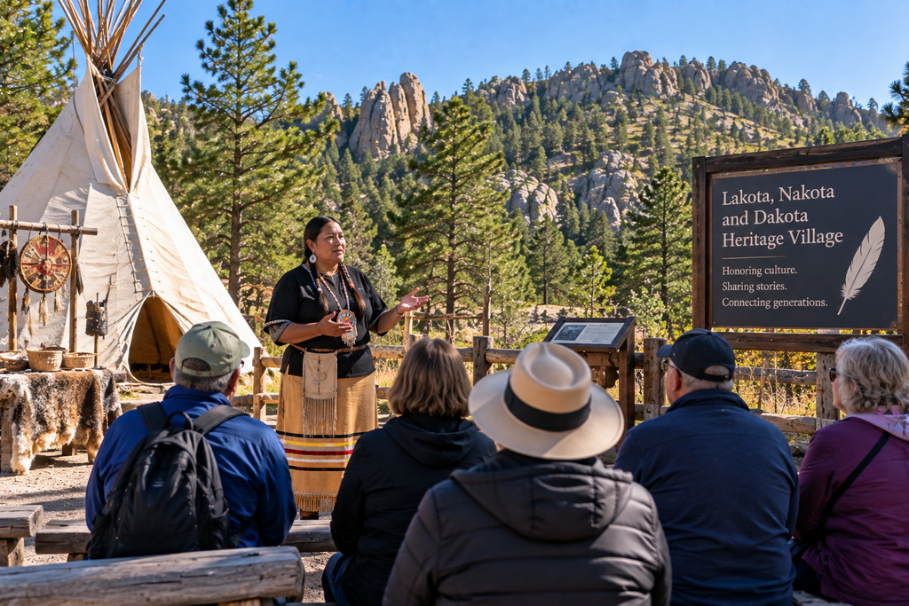 Native cultural interpreter sharing Lakota, Nakota and Dakota history with visitors in the Black Hills
