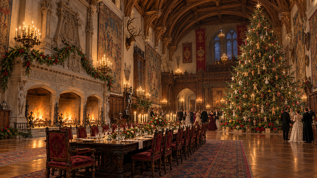 Historical illustration of a Christmas gathering in a grand banquet hall, with a towering decorated tree, formal dining table, and glowing fireplaces.