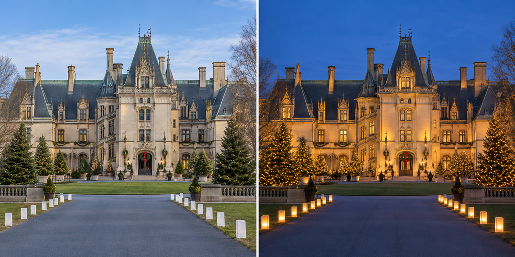 ide-by-side illustrations of Biltmore House in daylight and after dark, with Christmas lights and glowing luminaries in the evening panel.