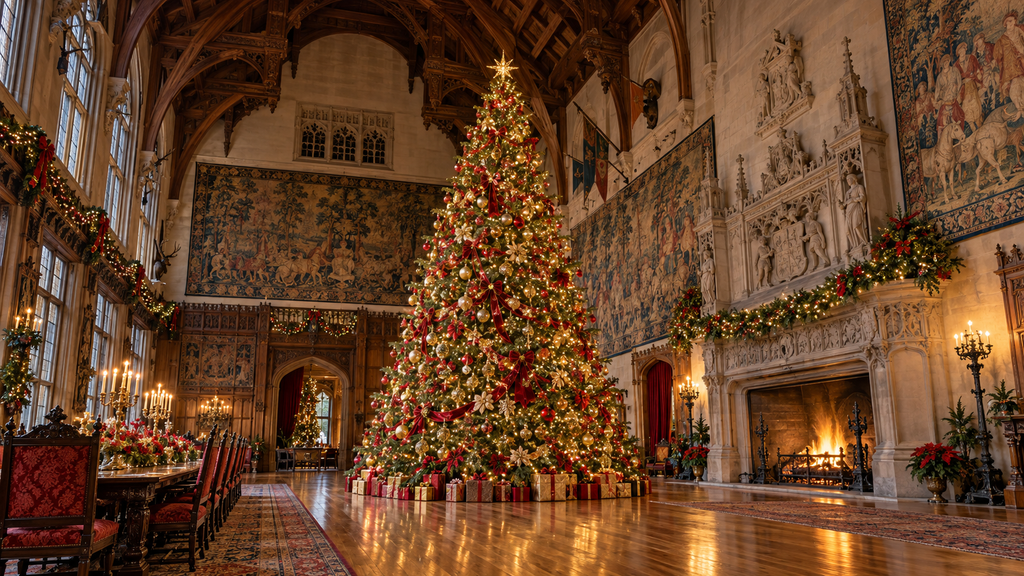 Towering Christmas tree decorated in red and gold in an illustrated banquet hall, with tapestries, a dining table, and a glowing fireplace.