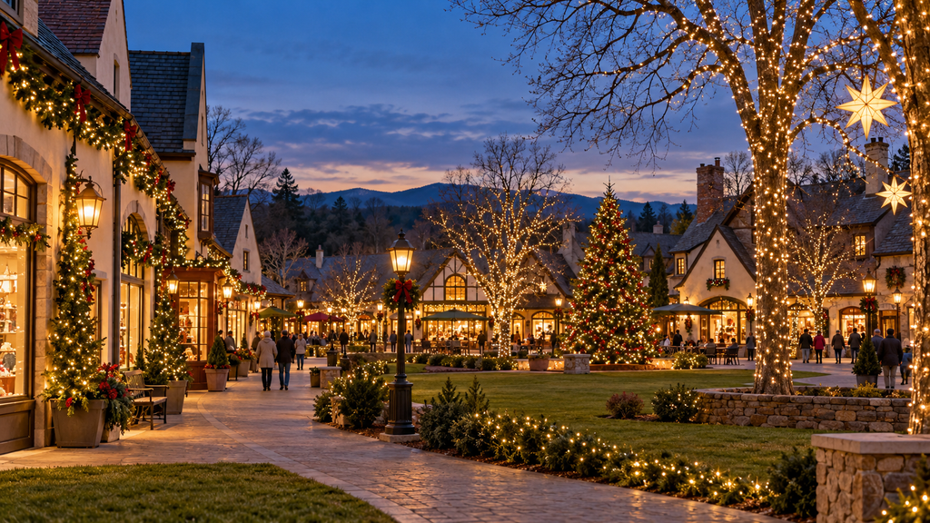 Illustrated village at dusk with Christmas-lit trees, glowing stars, decorated storefronts, and visitors strolling along the paths.