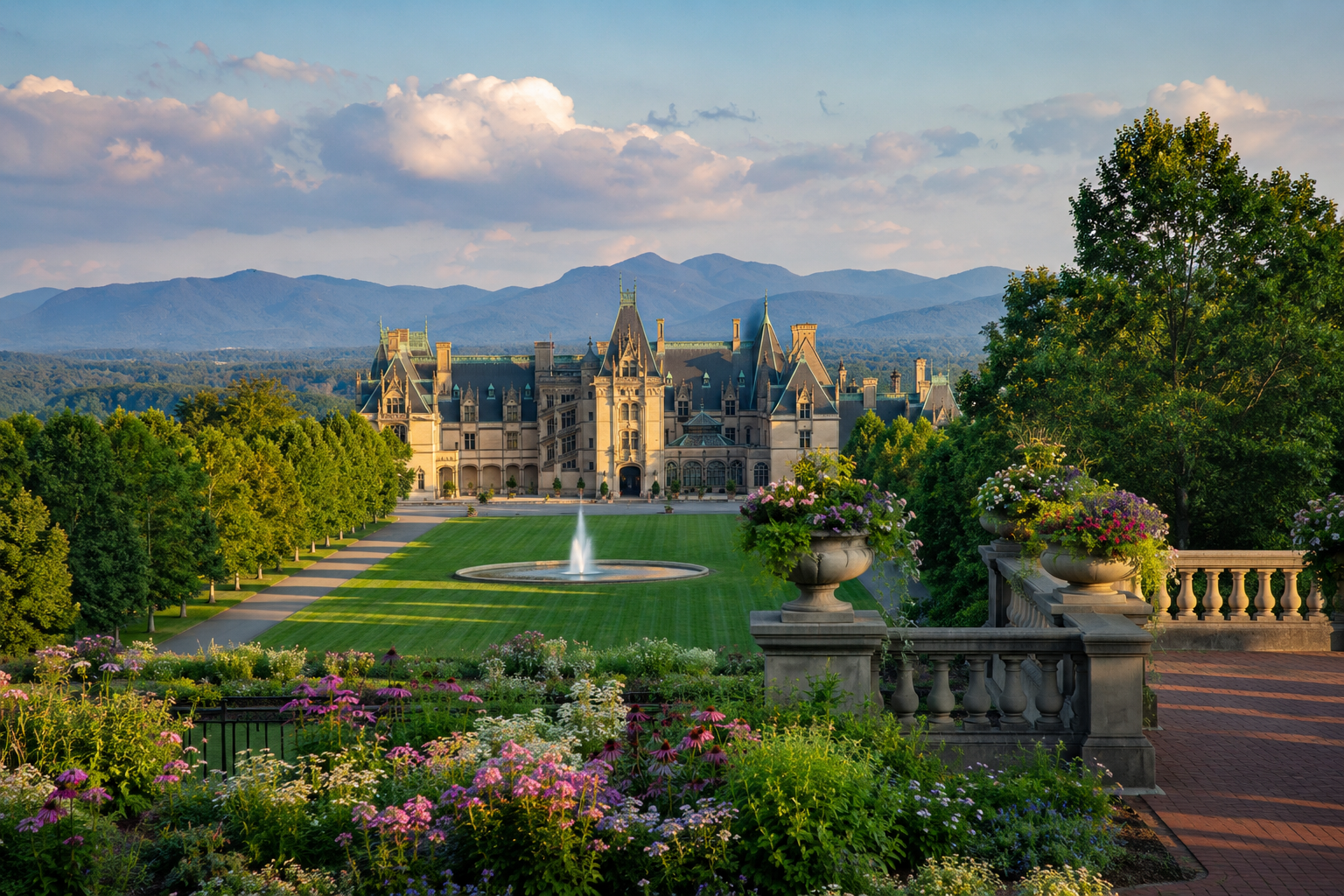 AI-generated illustration of Biltmore House viewed across a green lawn, framed by trees beneath a blue sky.