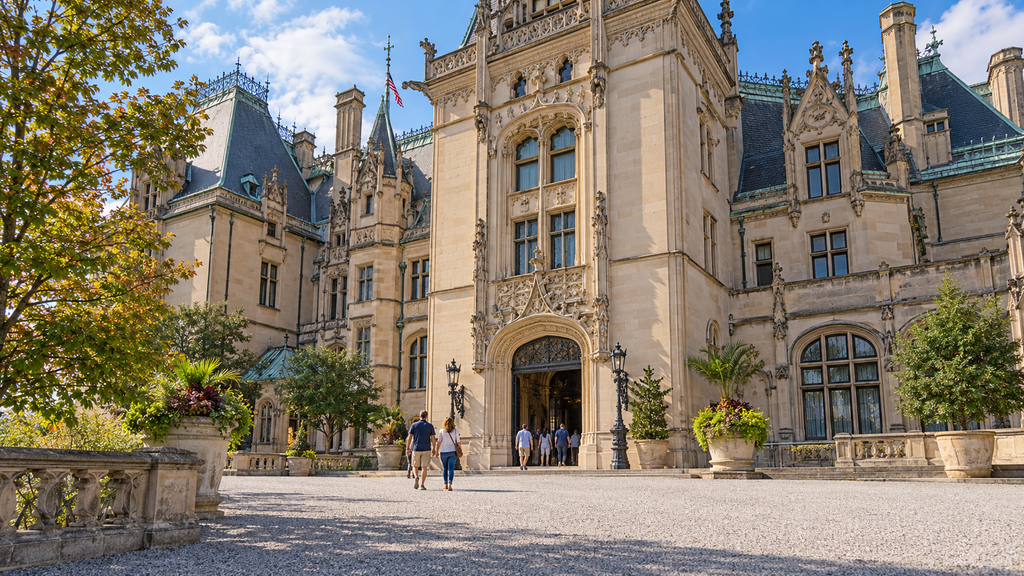 AI-generated illustration of visitors walking across a gravel forecourt toward Biltmore House’s ornate front entrance.