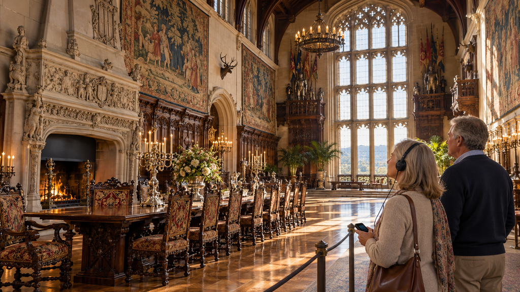 AI-generated illustration of two visitors in a grand dining hall inspired by Biltmore, one wearing headphones and holding an audio device.