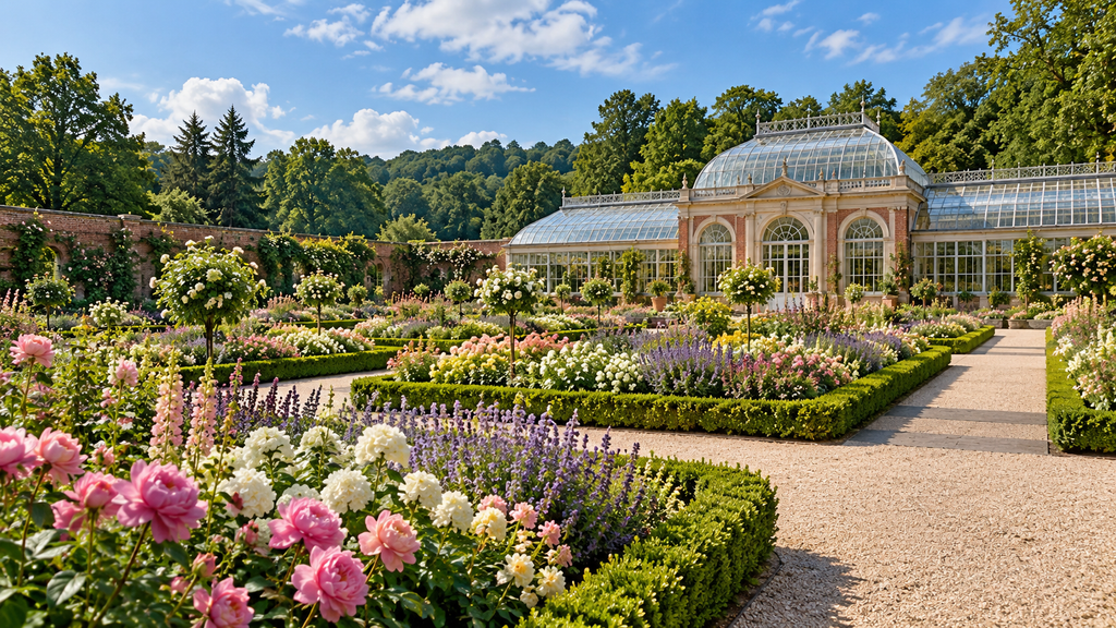 AI-generated illustration of colorful flower beds and gravel paths leading to a glass conservatory, inspired by Biltmore’s gardens.
