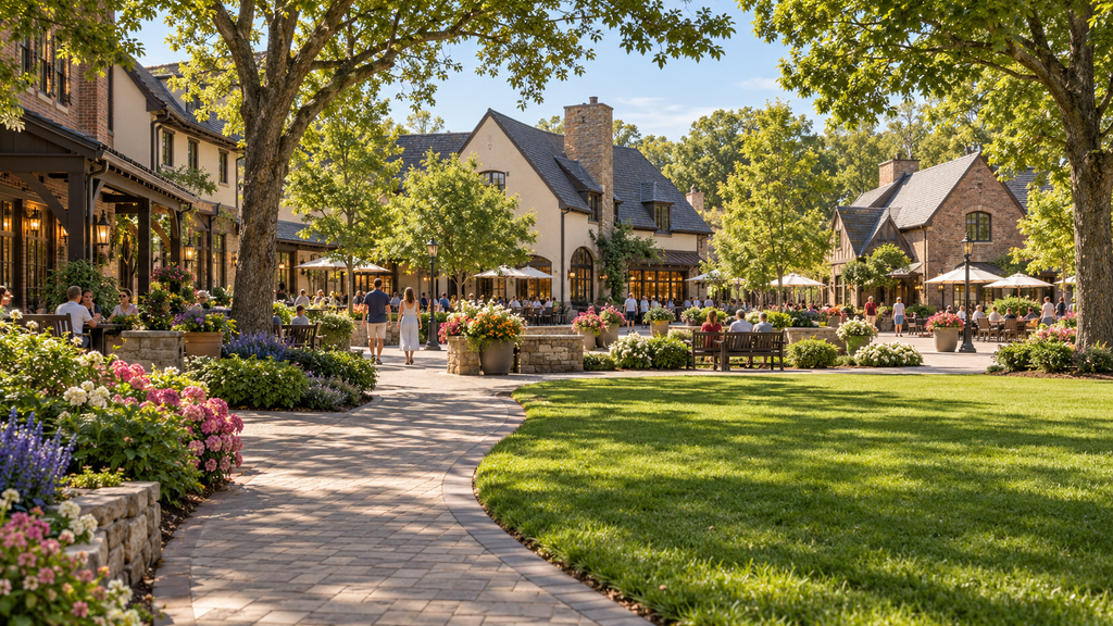 AI-generated illustration inspired by Antler Hill Village, showing visitors strolling past village buildings, flower beds, and outdoor seating.